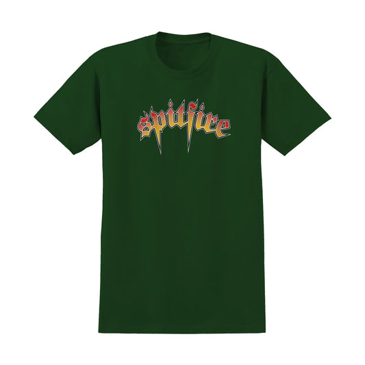 Green t-shirt with 'spitfire' logo on a white background