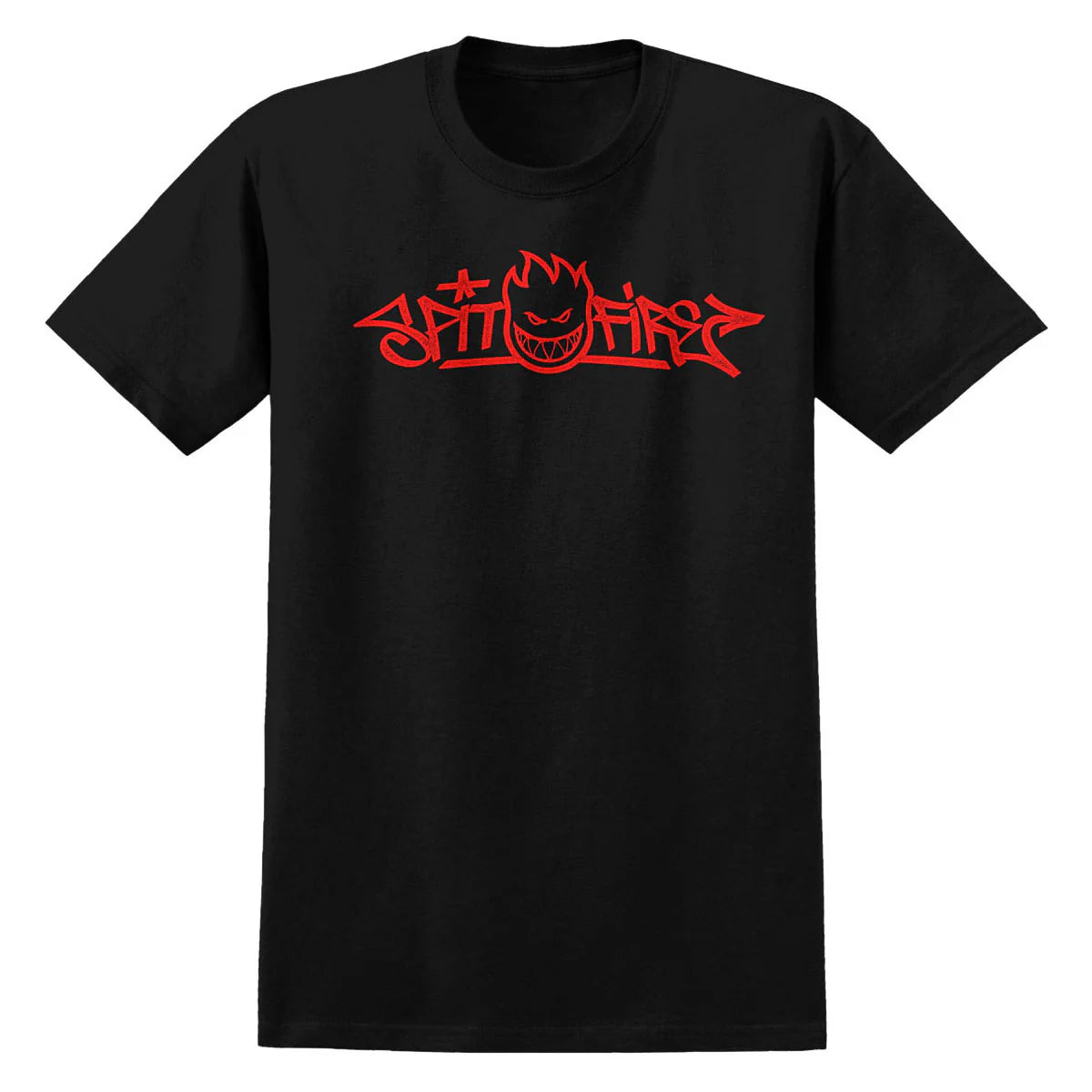 Black t-shirt with red 'Spitfire' logo on a white background