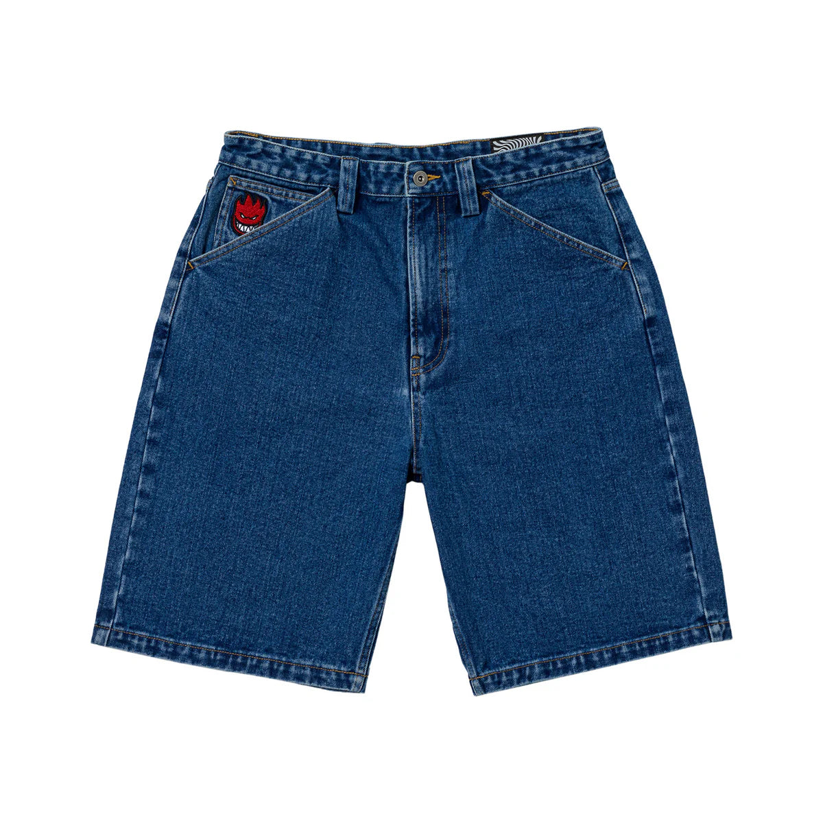 Blue denim shorts on a white background