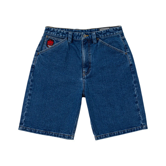 Blue denim shorts on a white background