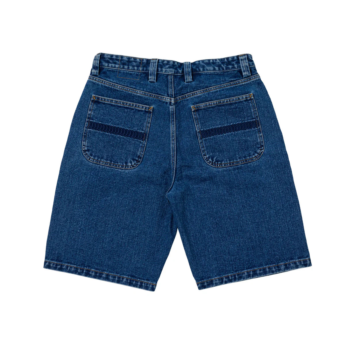 Blue denim shorts on a white background