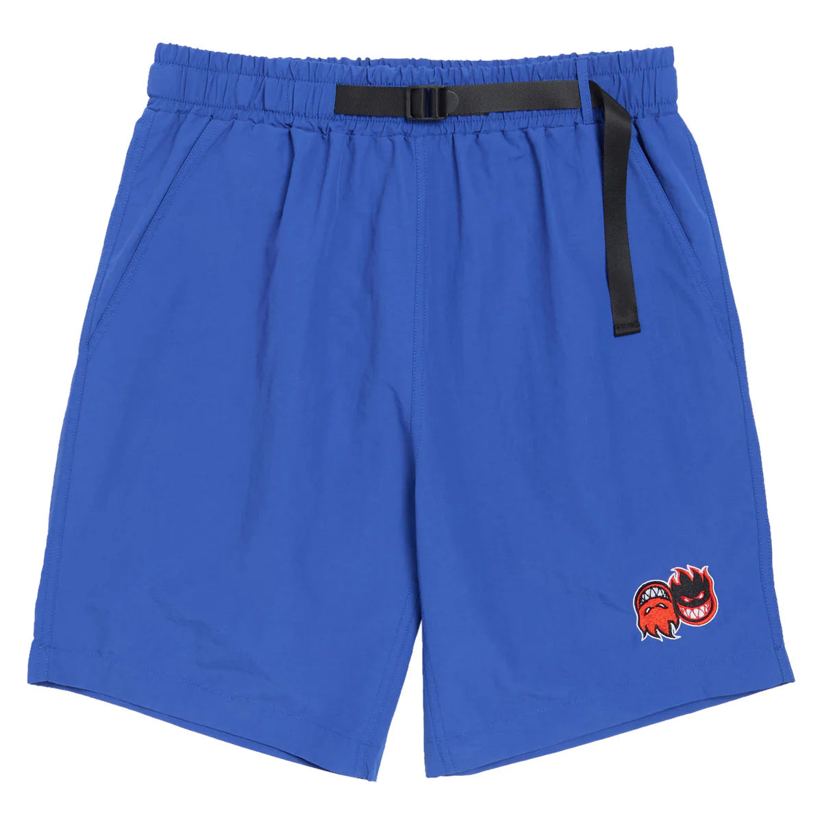 Blue shorts with a black belt and cartoon character logo on a white background