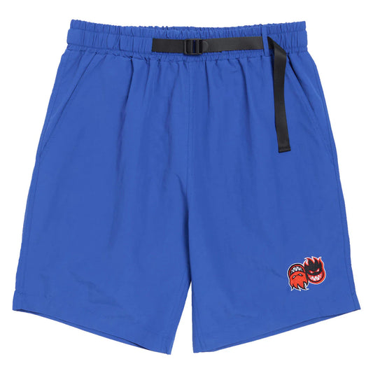 Blue shorts with a black belt and cartoon character logo on a white background
