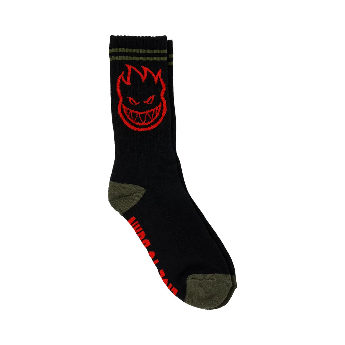 A single black crew sock featuring a red graphic logo on the cuff and red text on the sole, with olive green accents on the heel and toe.