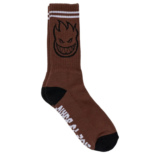Brown sock with a logo and text on a white background