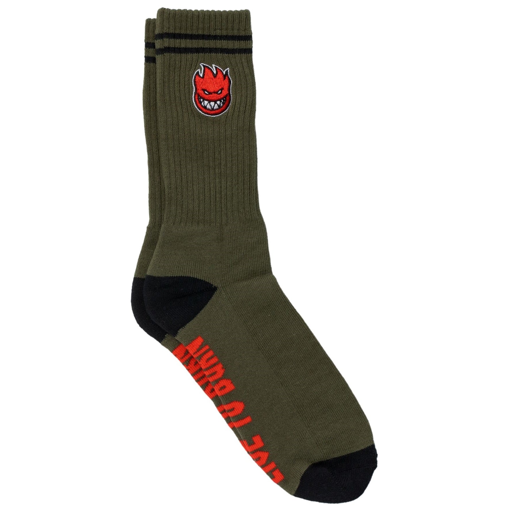 Green sock with red and black logo on a white background