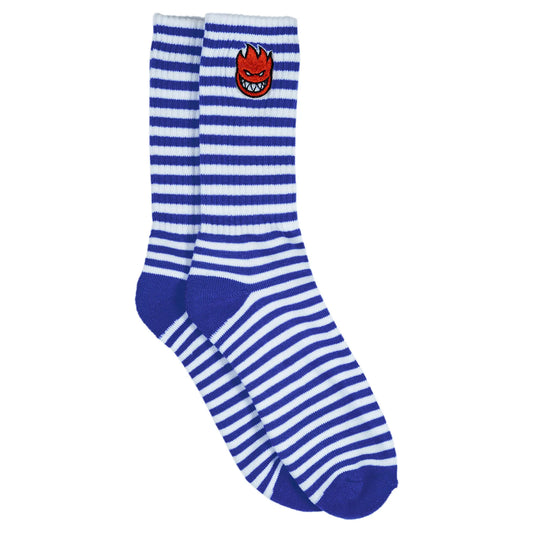 Blue and white striped socks with a logo on a white background
