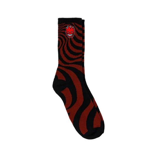 A single crew sock featuring a black and dark red wavy spiral pattern with a red devil logo on the cuff, shown against a plain white background.