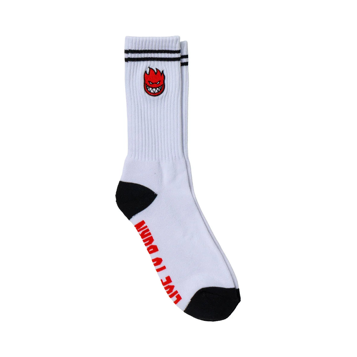 A single white crew sock with black stripes near the cuff, a red and black flame logo patch, black toe and heel sections, and red text running up the side, shown on a plain white background.