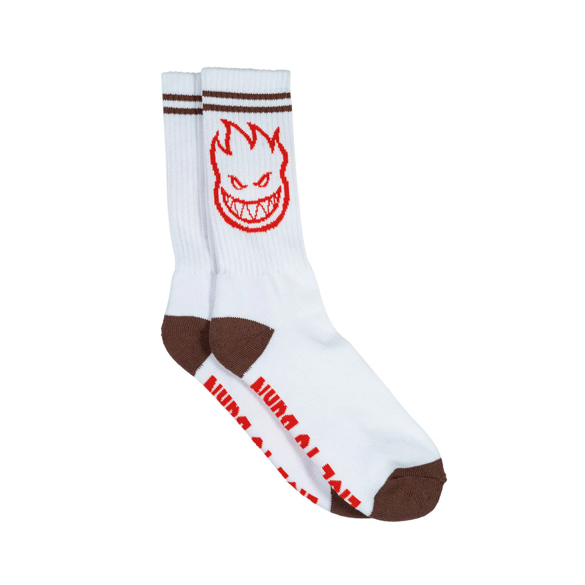 White socks with red and brown accents featuring a logo on a white background