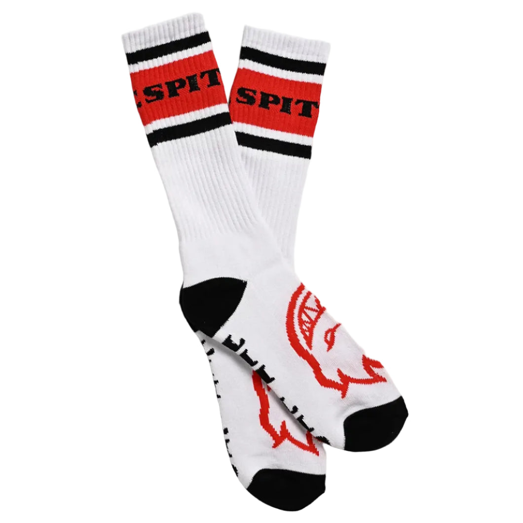 White socks with red and black accents and a logo on a white background