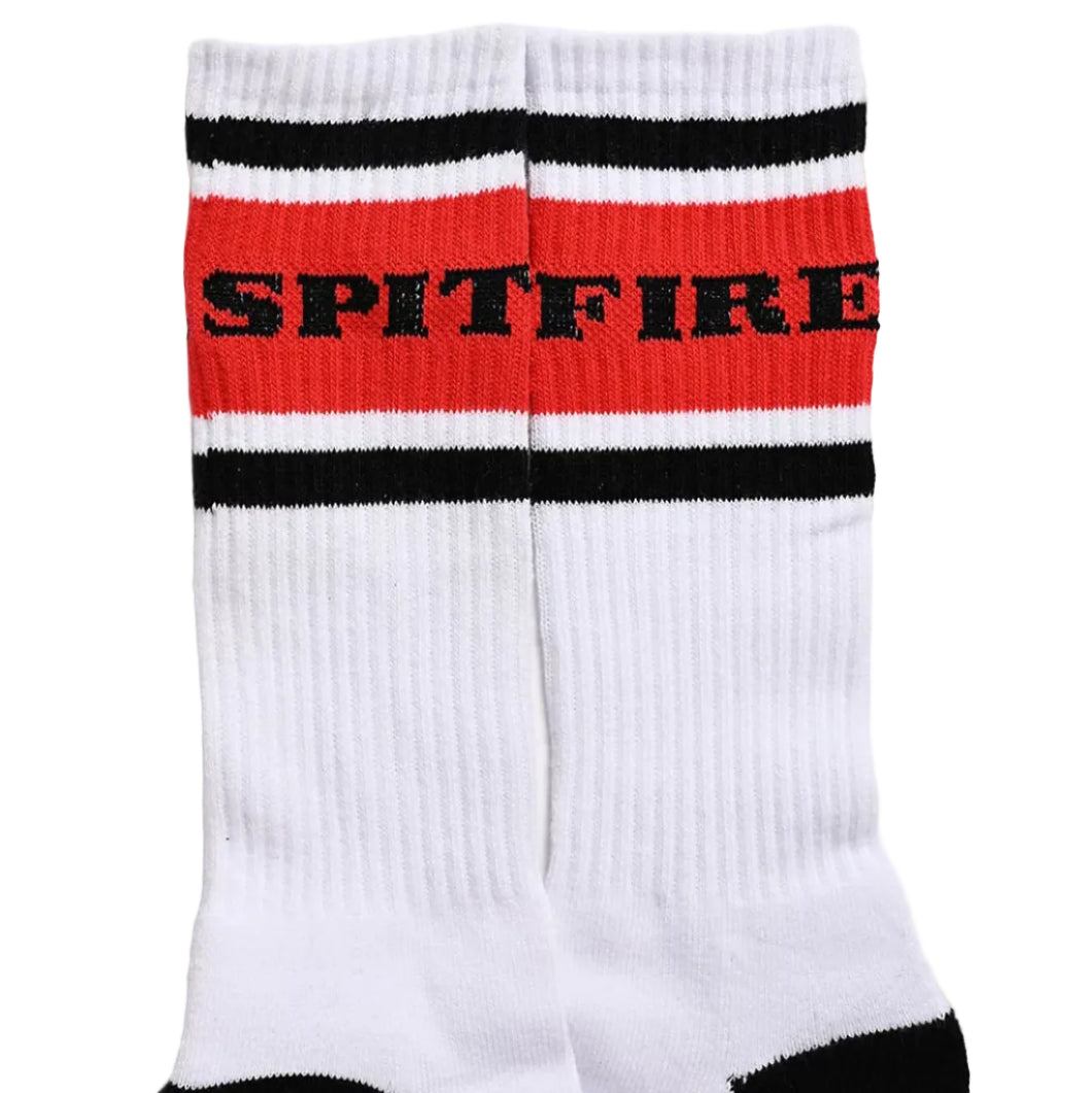 White sock with red and black stripes and 'SPITFIRE' text on a white background
