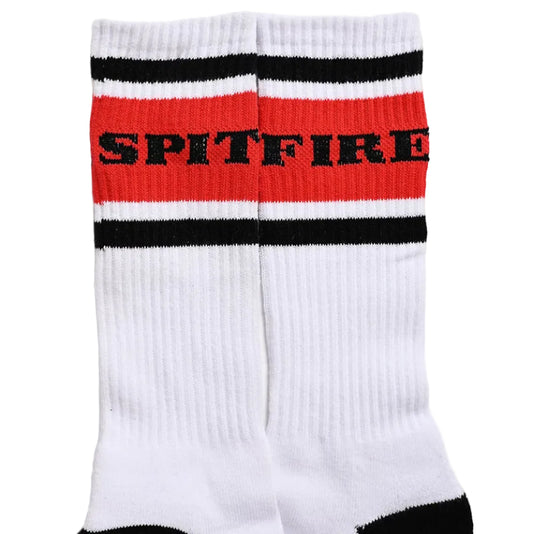 White sock with red and black stripes and 'SPITFIRE' text on a white background