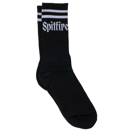 Black sock with white text and stripes on a white background