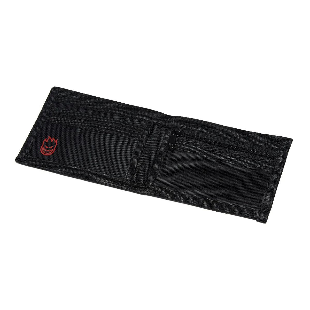 Black wallet with a red logo on a white background