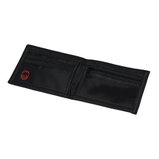 Black wallet with a red logo on a white background