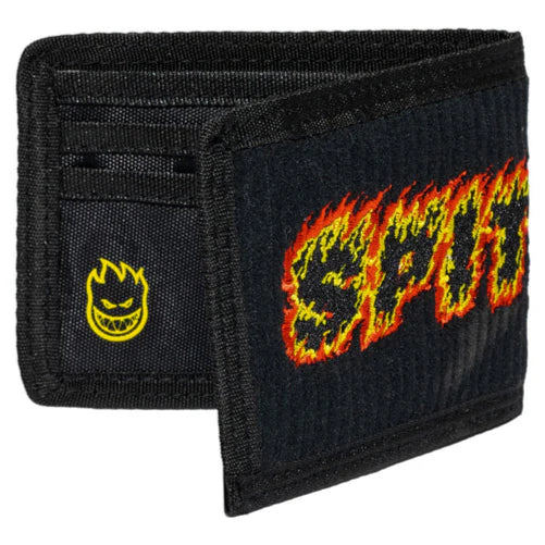 Black wallet with fiery logo and small yellow logo on a white background