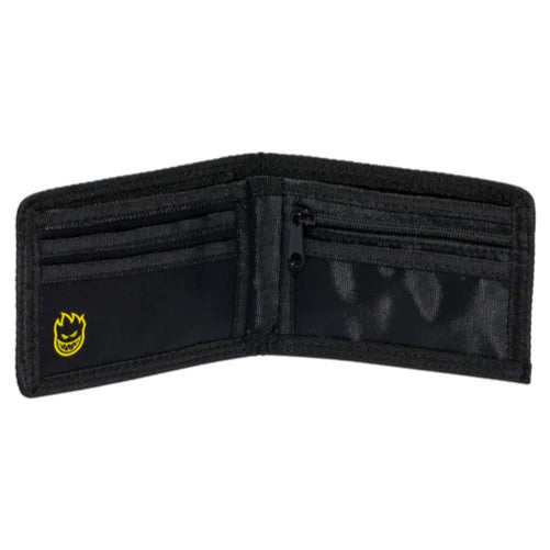 Black wallet with a logo on a white background