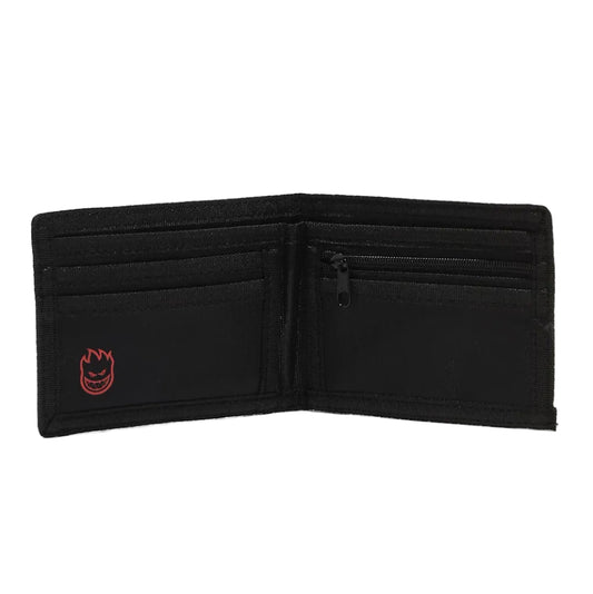 Black wallet with a red logo on a white background