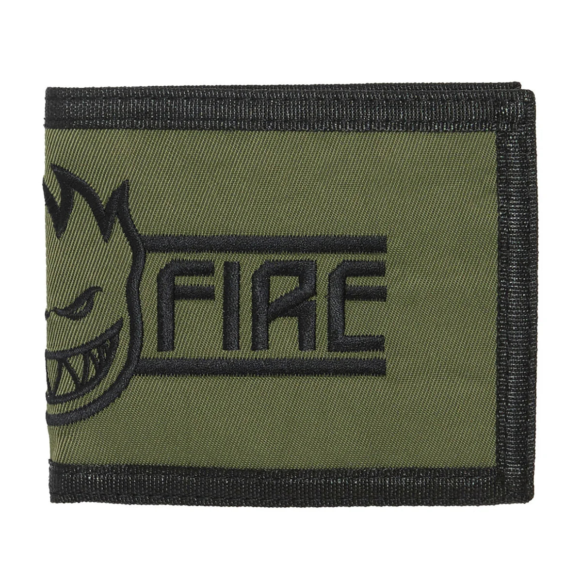 An olive green bifold wallet with black embroidered details, featuring the spitfire mascot and the word 'FIRE' on the front, set against a plain white background.