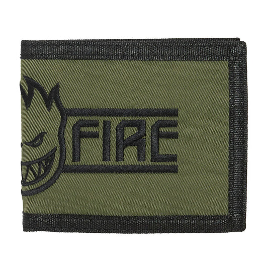 An olive green bifold wallet with black embroidered details, featuring the spitfire mascot and the word 'FIRE' on the front, set against a plain white background.