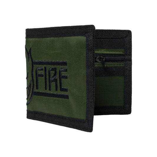 An olive green and black bifold wallet with 'FIRE' embroidered on the front, shown open to reveal interior card slots and a zippered pocket, set against a plain white background.