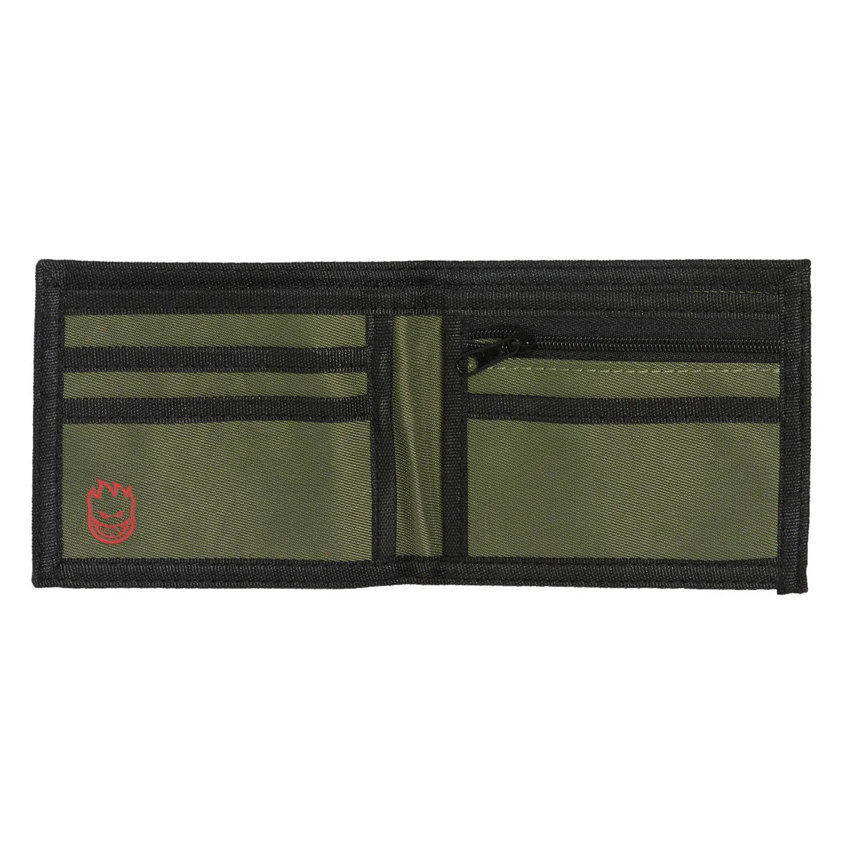 An open bifold wallet in olive green canvas with black trim, multiple card slots, a zippered pocket, and a red spitfire logo on the lower left.