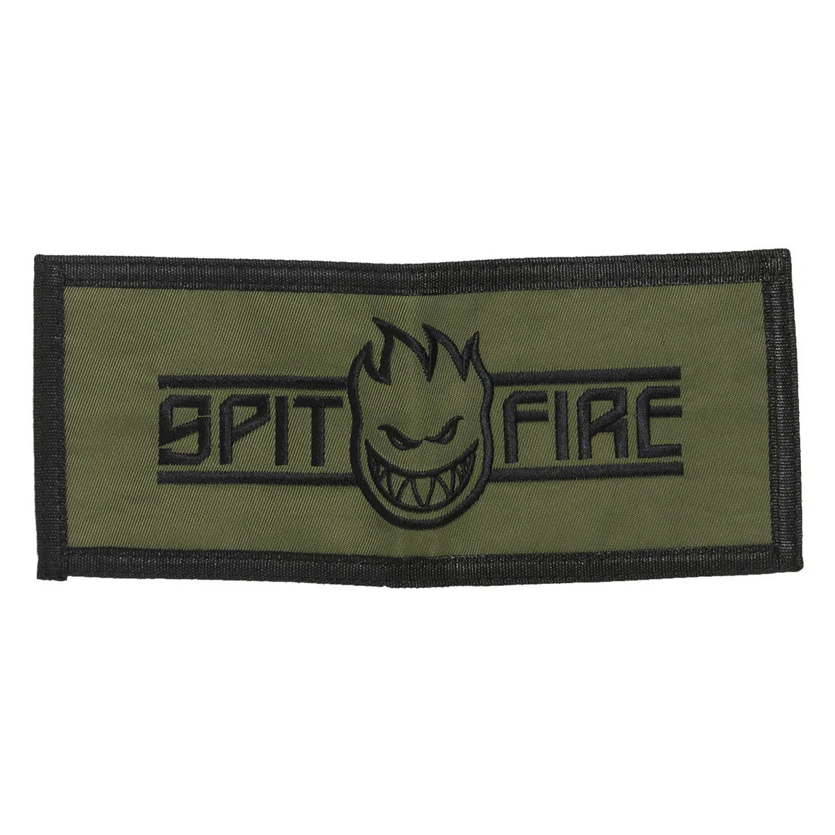 An olive green rectangular embroidered patch with a black border and the 'SPIT FIRE' logo featuring the iconic ghost face.