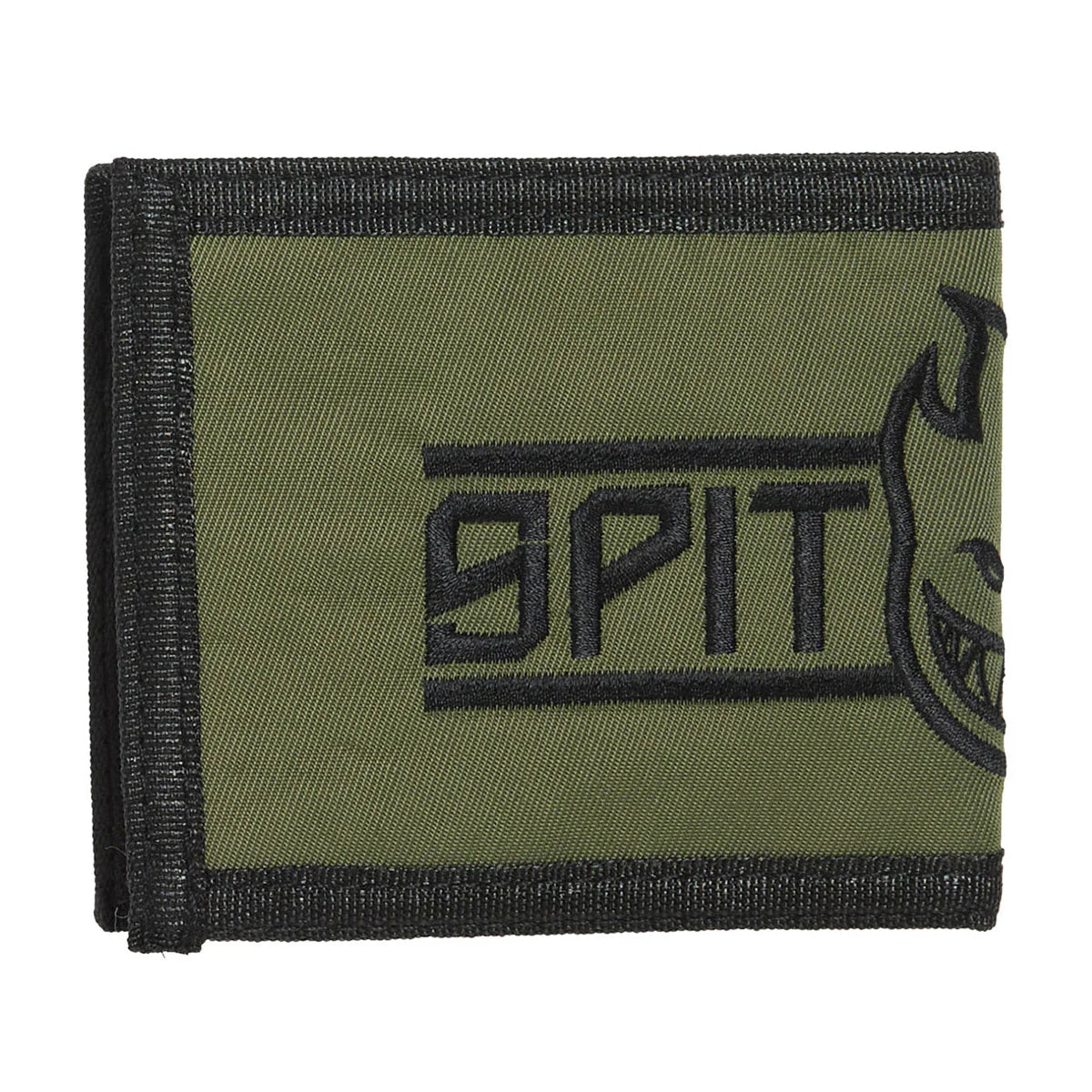 An olive green bifold wallet with black trim and a black embroidered logo featuring the word 'SPIT' and a devil face graphic, shown on a plain white background.