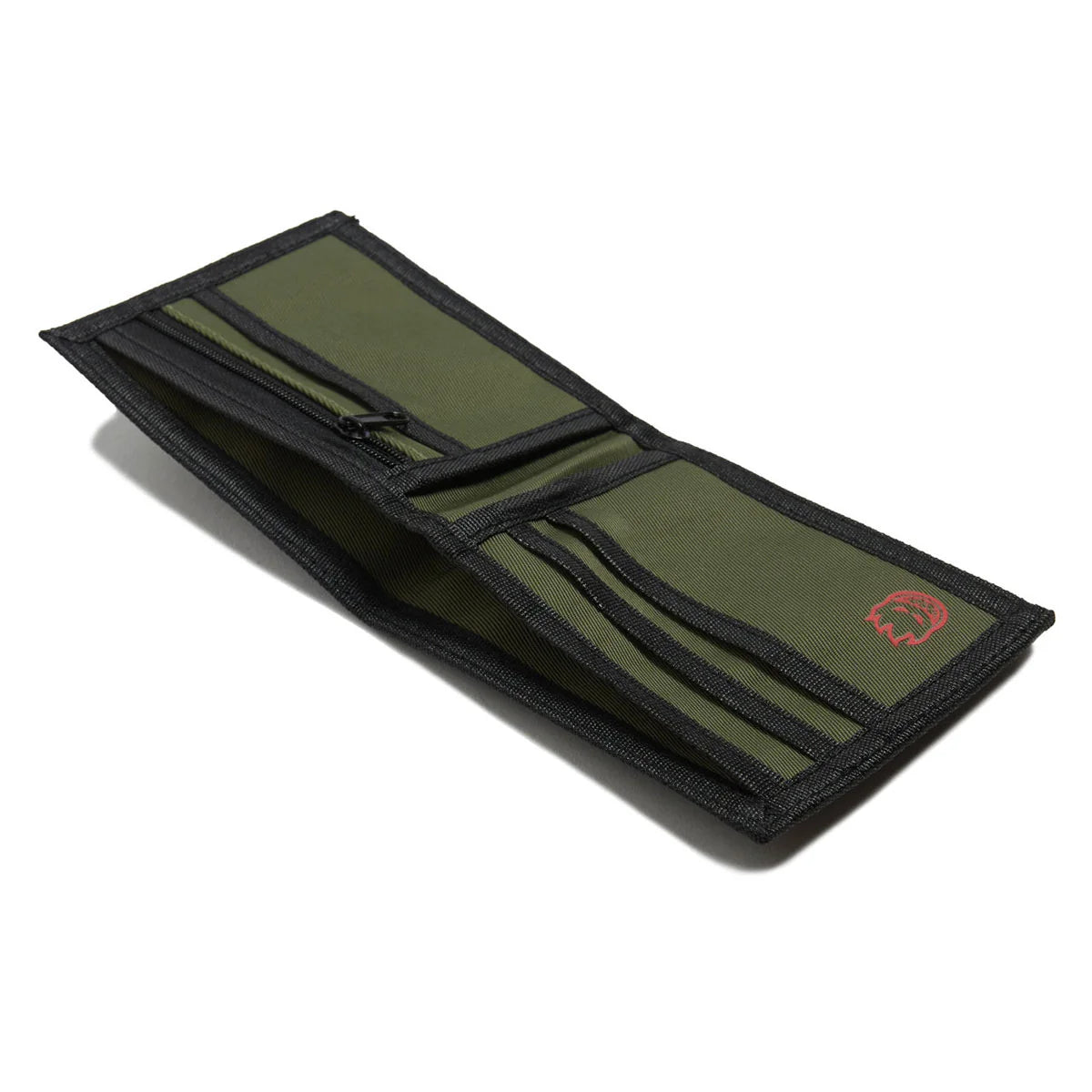 An olive green bifold wallet with black trim and multiple card slots, shown open on a white background with a small red logo on the lower right corner.