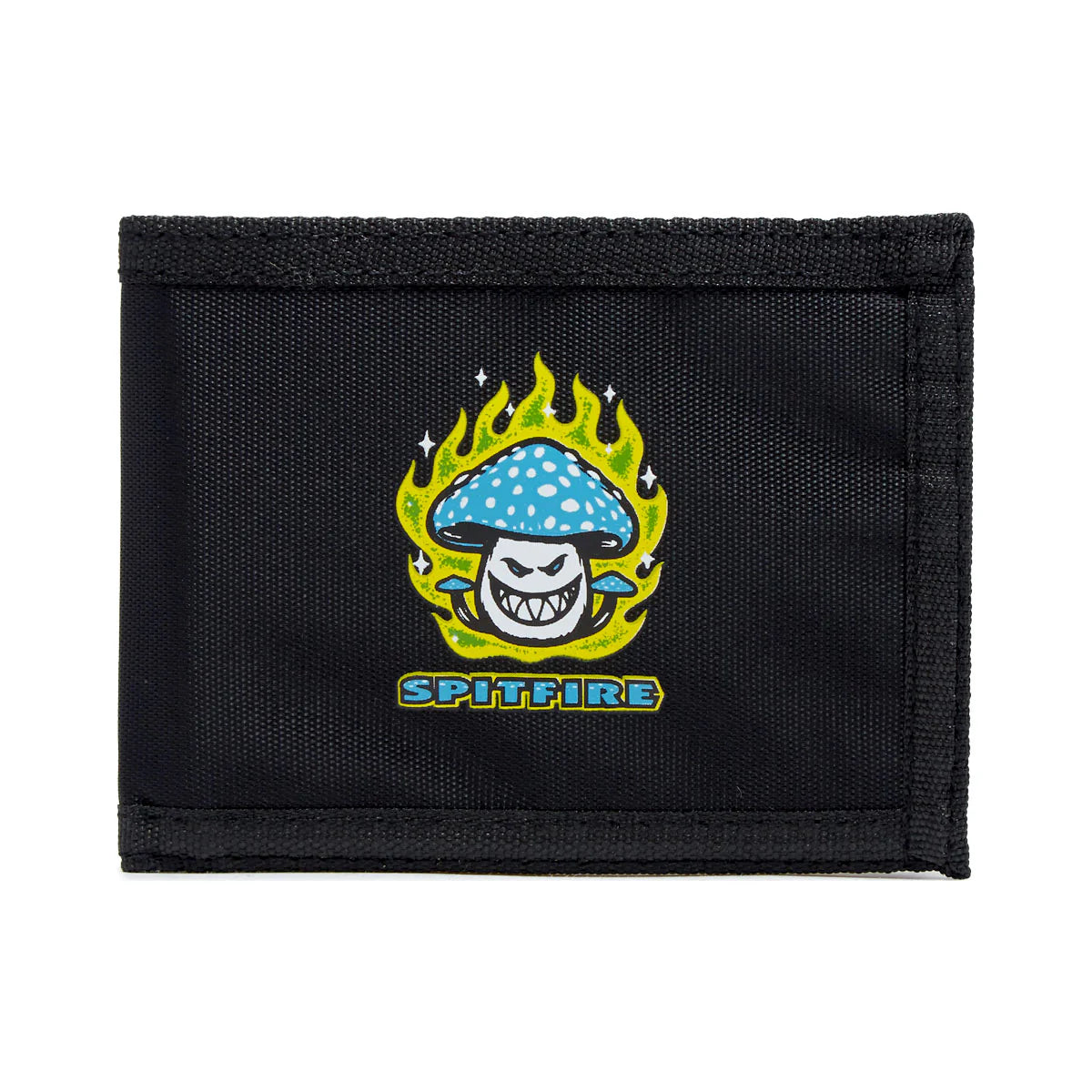 Black wallet with a colorful mushroom graphic and 'Spitfire' branding on a white background