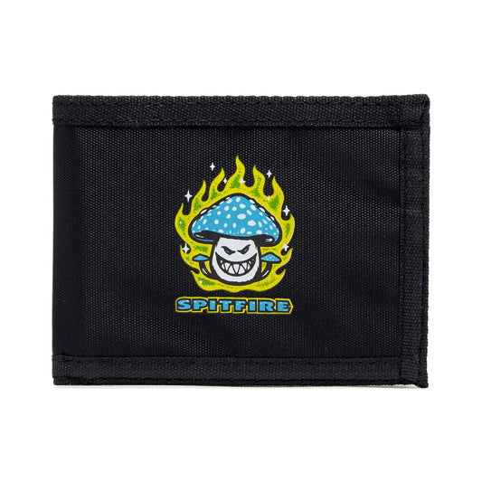 Black wallet with a colorful mushroom graphic and 'Spitfire' branding on a white background
