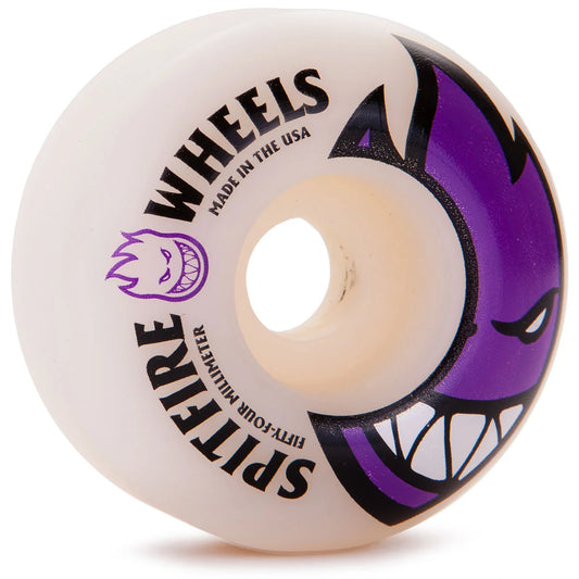 Spitfire skateboard wheel with purple and black design on a white background