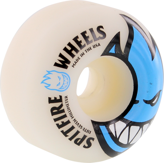Skateboard wheel with 'Spitfire' branding on a white background