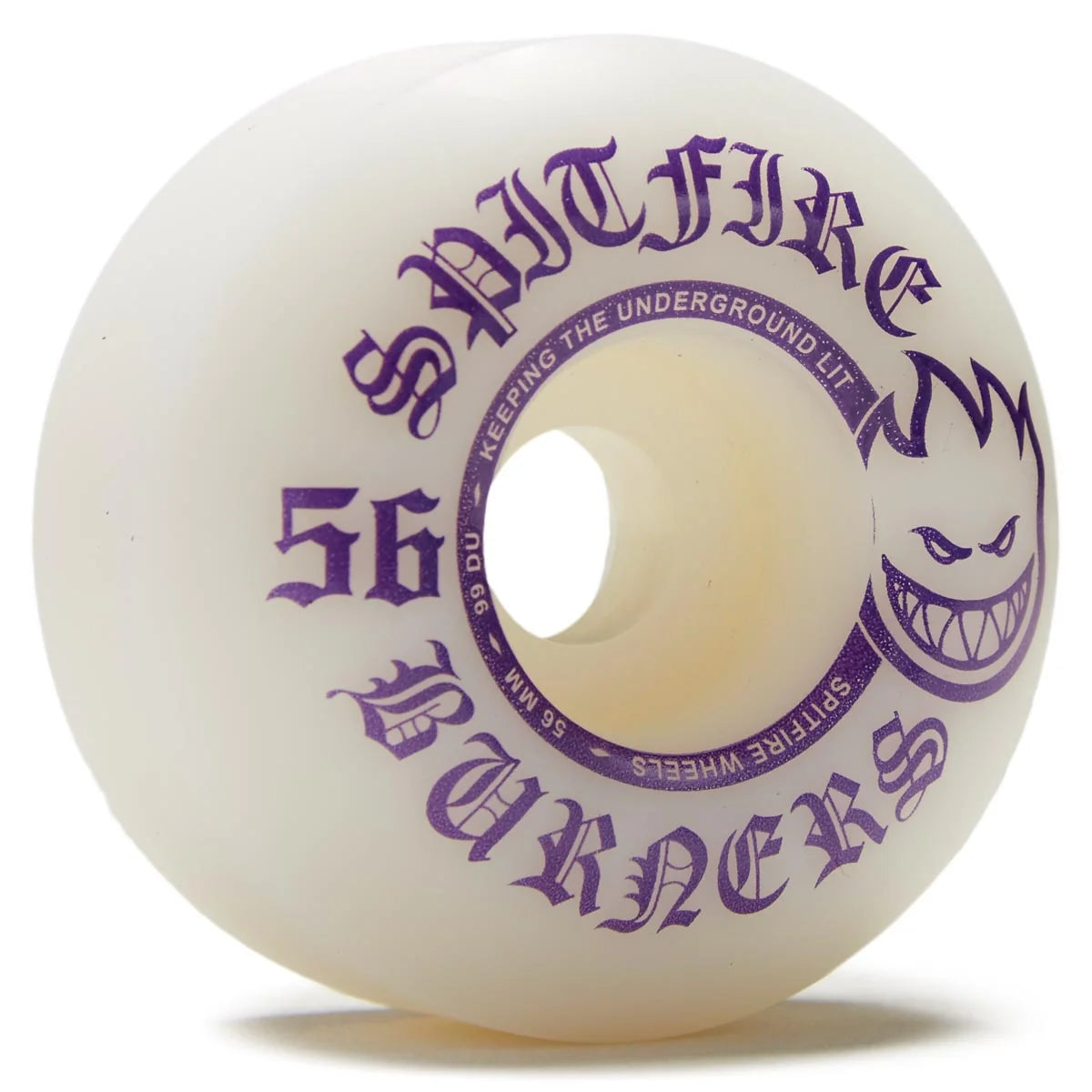 Spitfire skateboard wheel with purple text on a white background