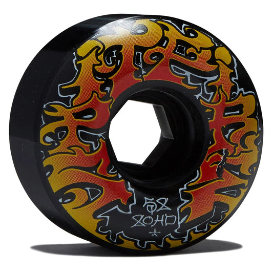 A single black skateboard wheel with a bold flame graphic in yellow, orange, and red, featuring stylized white and black lettering and a hexagonal center hole, photographed on a white background.