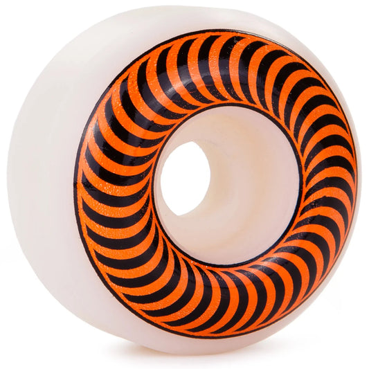 Skateboard wheel with orange and black striped pattern on a white background