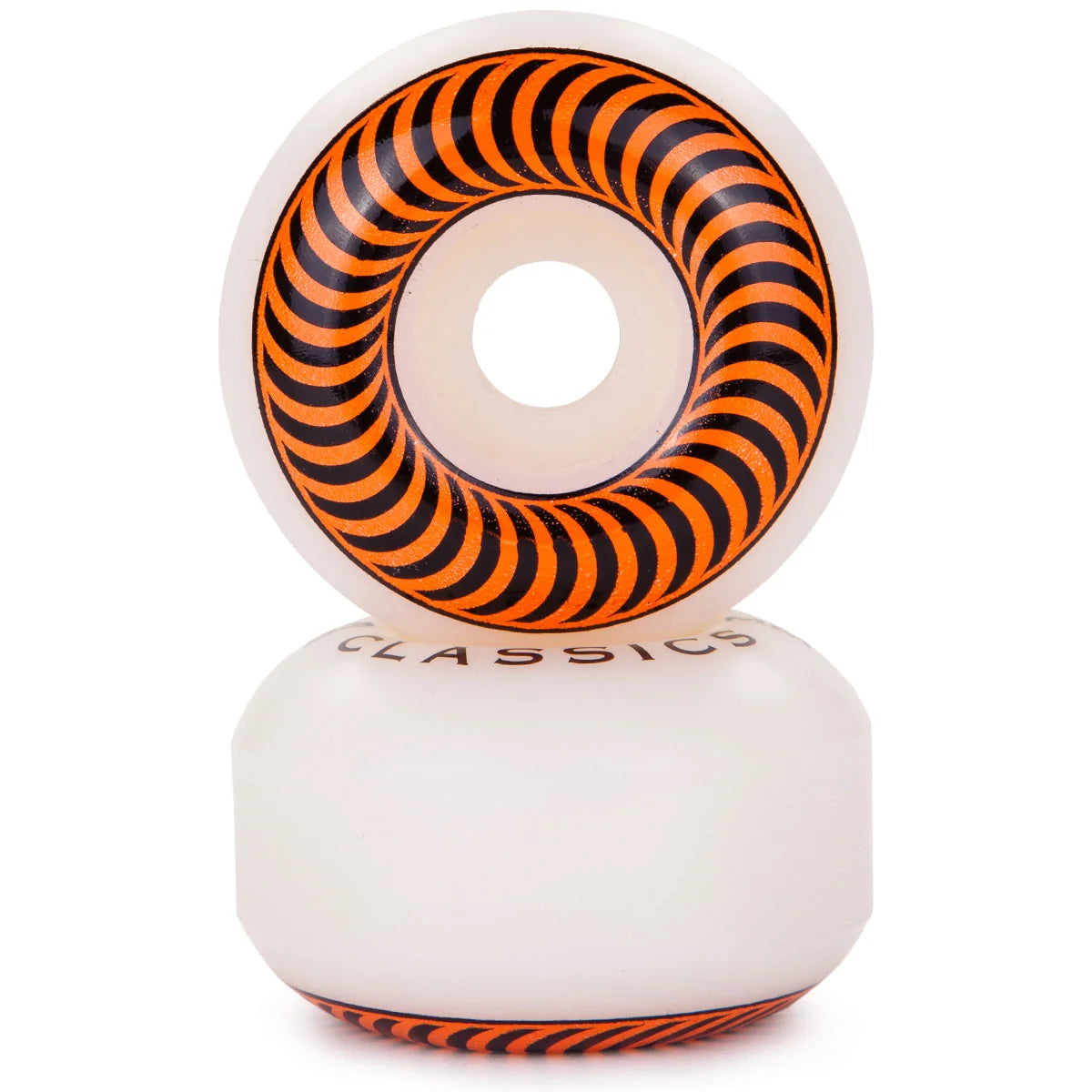 A pair of white skateboard wheels stacked vertically, featuring a prominent orange and black spiral pattern on the inner ring and a matching pattern on the base.