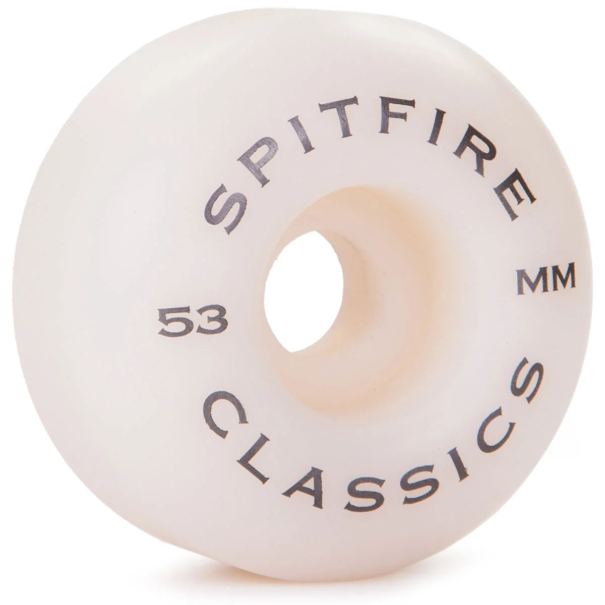 A single Spitfire Classics 53mm skateboard wheel in a translucent off-white urethane, featuring black printed branding and specifications.