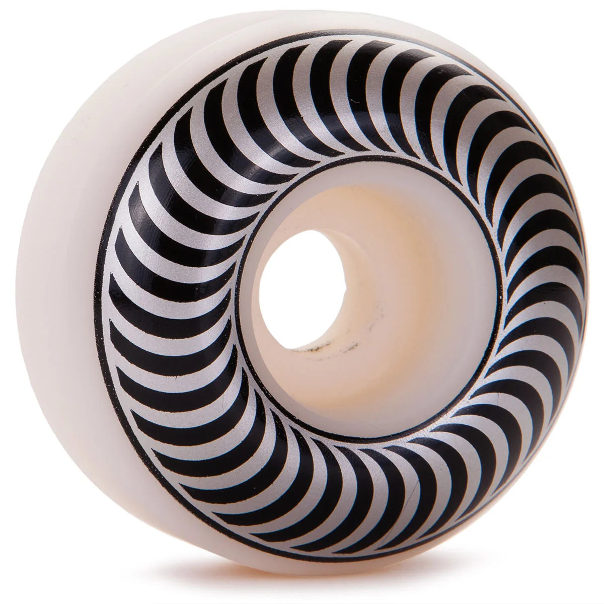 Skateboard wheel with black and white striped pattern on a white background