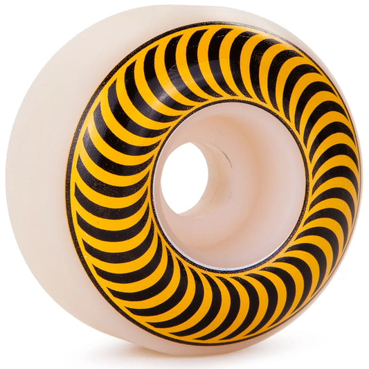 A single skateboard wheel with a translucent cream-colored urethane outer ring and a black and yellow striped pattern on the inner barrel, shown on a white background.