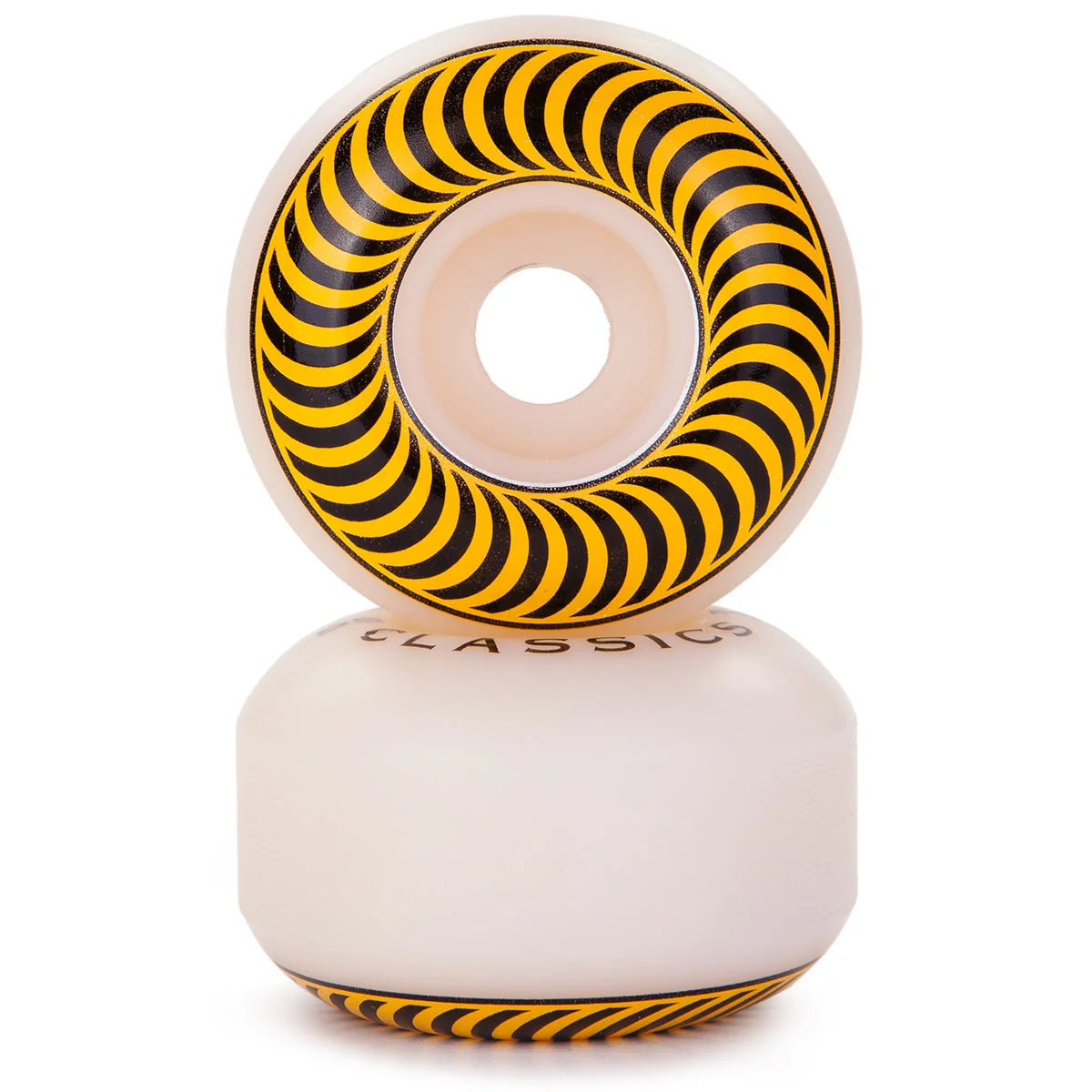 A pair of skateboard wheels stacked vertically on a white background. The top wheel is shown from the face, featuring a cream-colored urethane body with a bold yellow and black spiral pattern around the inner ring.