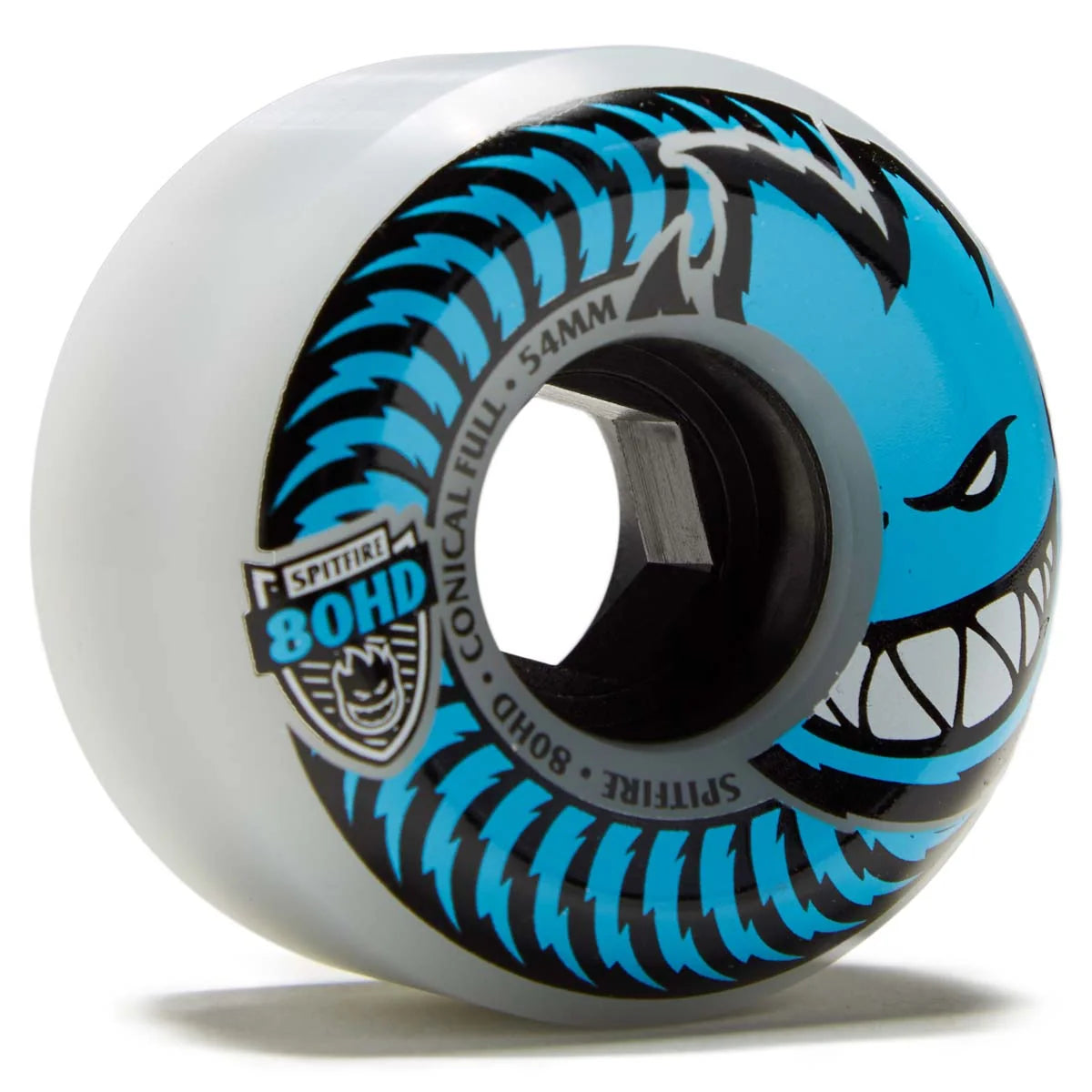 Spitfire skateboard wheel with blue and black design on a white background