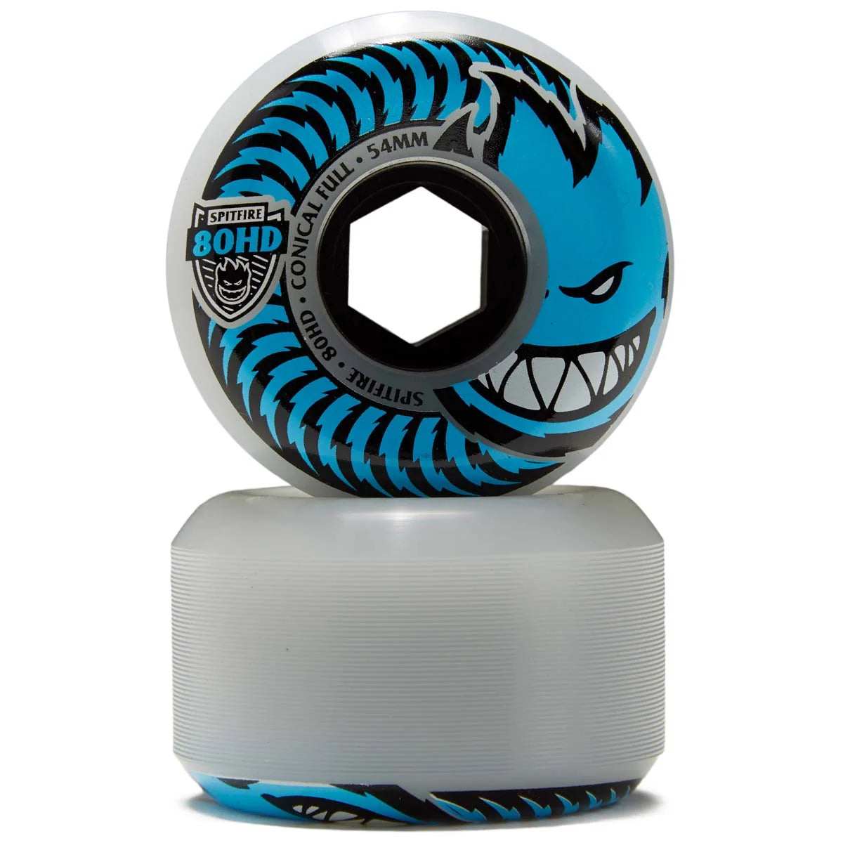 Blue and black wheel with white accents on a white background