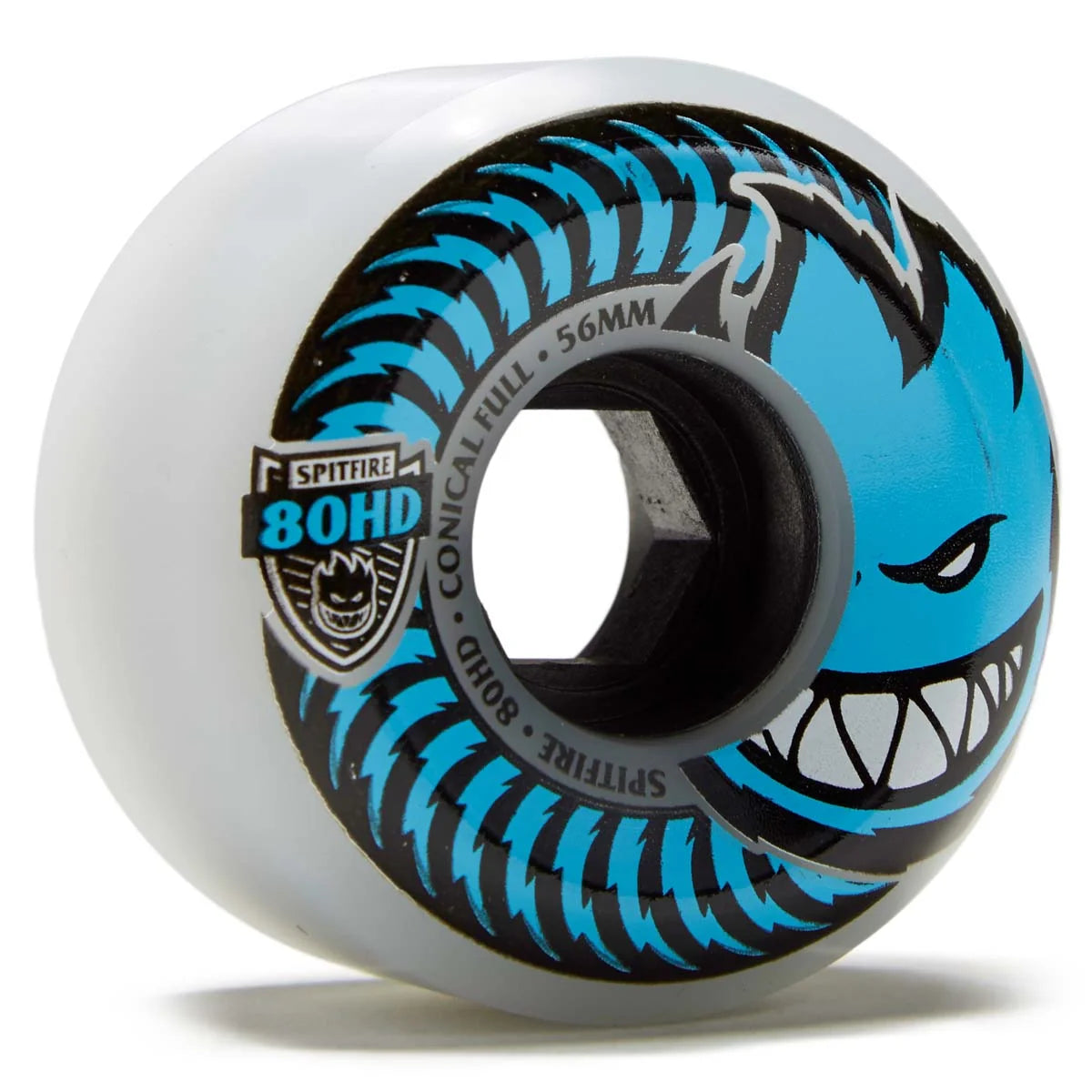 A single Spitfire 80HD skateboard wheel with a translucent white urethane outer barrel, featuring a black and bright blue graphic of a toothy grin and the text 'SPITFIRE 80HD CONICAL FULL 56MM'.