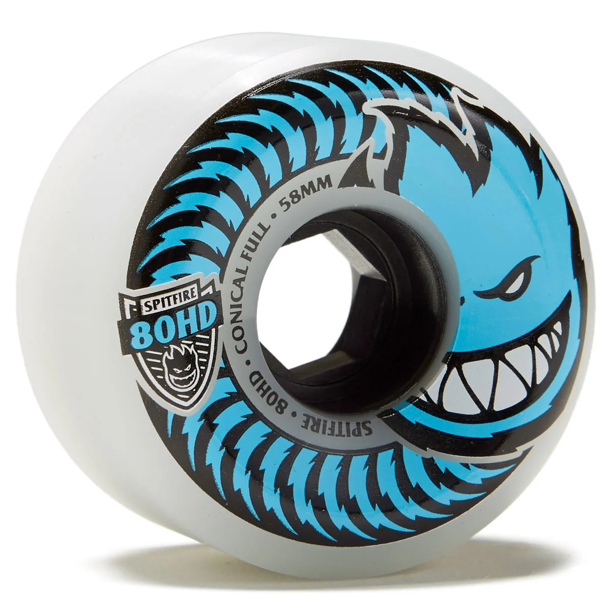 A single skateboard wheel with a translucent white urethane outer barrel, featuring a black and bright blue graphic of a snarling toothy face with the text 'SPITFIRE 80HD CONICAL FULL 58MM'.