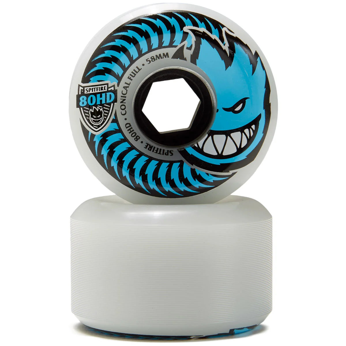 A single skateboard wheel stacked on a matching white barrel, photographed on a clean white background. The wheel features a blue and black graphic design with the text 'SPITFIRE 80HD' and 'CONICAL fuLL 58MM'.