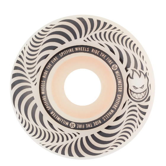 Skateboard wheel with black and white pattern and visible branding on a white background