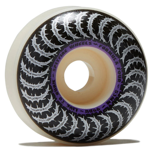 A single skateboard wheel shown on a white background, featuring a black outer barrel with repeating white tire-tread graphics, a purple inner ring with white text, and a translucent cream-colored core.