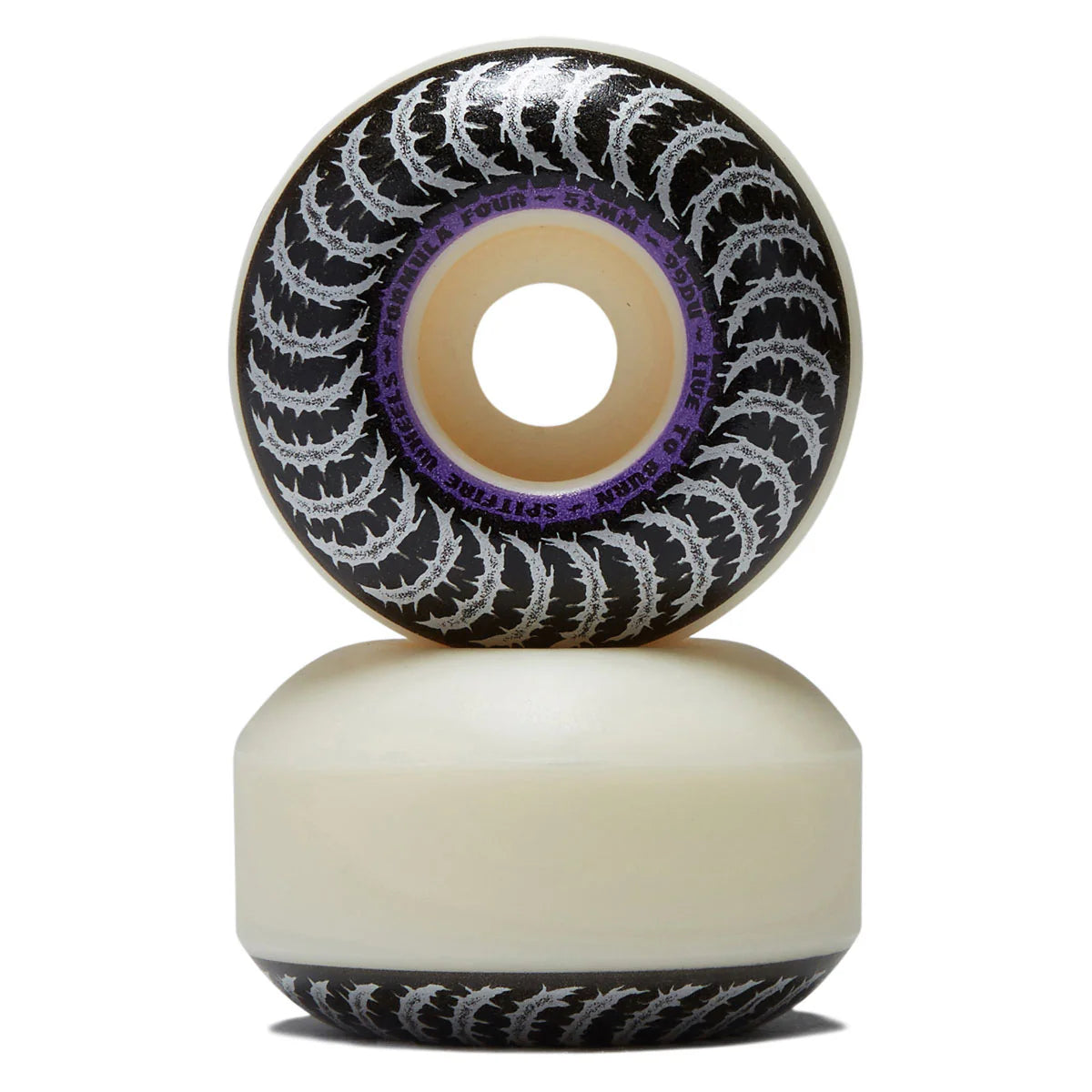 A pair of skateboard wheels stacked vertically on a white background. The top wheel is shown from the face side, featuring a black outer barrel with a repeating white graphic pattern and a purple inner core.